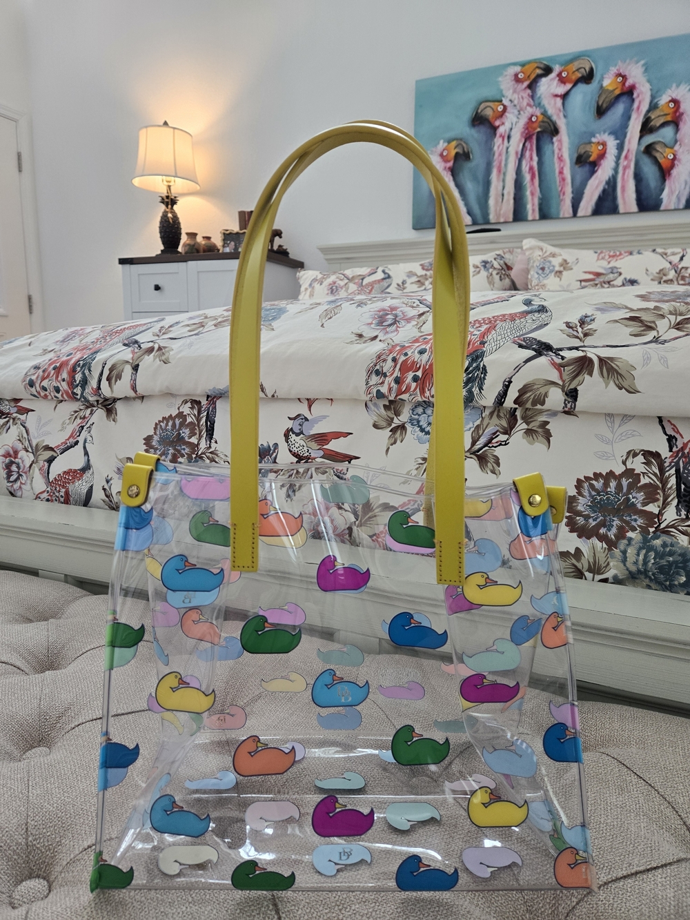 Dooney & Bourke Clear Tote with Multicolor Duck Motif and Yellow Leather Straps